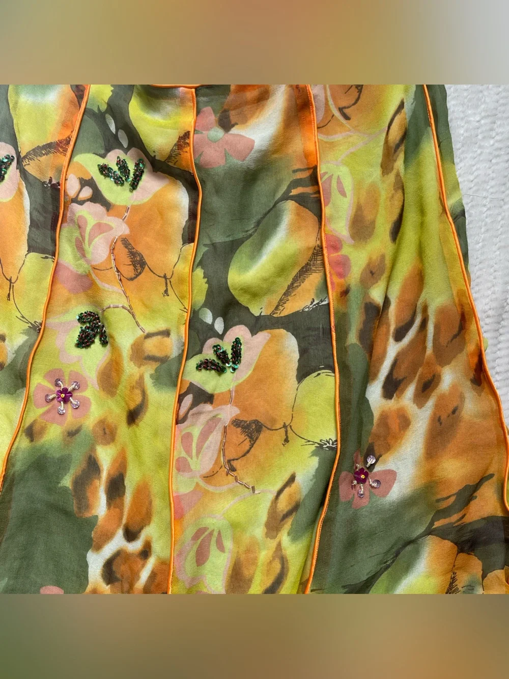 Lapis Sheer Skirt in Olive Green with Orange Trim - Picture 2 of 7